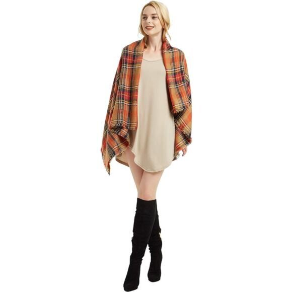 Women's Fall Winter Checkered Classic Tassel Plaid Tartan Warm Soft Chunky Scarf - Picture 7 of 7